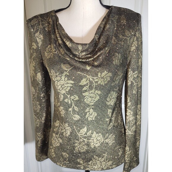 Alex Evenings Women’s Small Gold Metallic Floral Cowl Neck Stretch Top - Picture 2 of 6